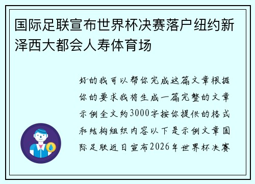 国际足联宣布世界杯决赛落户纽约新泽西大都会人寿体育场 国际足联宣布世界杯决赛落户纽约新泽西大都会人寿体育场